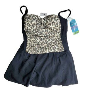 Swim Solutions Womens Skirted Swimsuit Black Brown Leopard Tummy Control 14 New